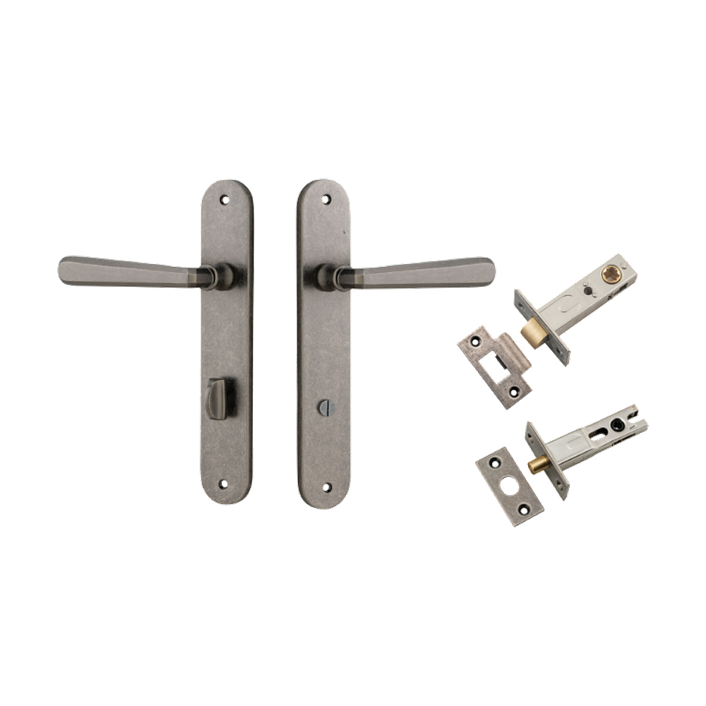 Door Lever Copenhagen Oval Privacy Pair Distressed Nickel CTC85mm H240xW40xP61mm Inbuilt Privacy Kit Tube Latch Split Cam 'T' Striker Distressed Nickel Backset 60mm, Privacy Bolt Round Bolt Distressed Nickel Backset 60mm in Distressed Nickel