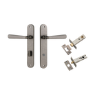 Door Lever Copenhagen Oval Privacy Pair Distressed Nickel CTC85mm H240xW40xP61mm Inbuilt Privacy Kit Tube Latch Split Cam 'T' Striker Distressed Nickel Backset 60mm, Privacy Bolt Round Bolt Distressed Nickel Backset 60mm in Distressed Nickel
