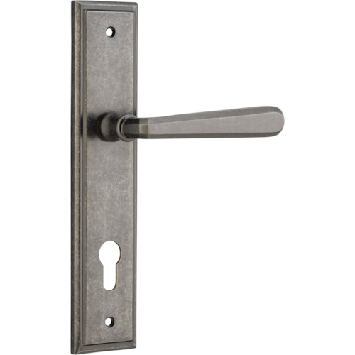 Door Lever Copenhagen Stepped Euro Pair Distressed Nickel CTC85mm H237xW50xP61mm in Distressed Nickel