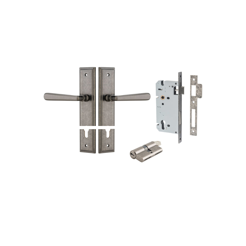 Door Lever Copenhagen Stepped Euro Pair Distressed Nickel CTC85mm H237xW50xP61mm Entrance Kit Mortice Lock Euro Distressed Nickel CTC85mm Backset 60mm, Euro Cylinder Dual Function 5 Pin Distressed Nickel L65mm KA1 in Distressed Nickel