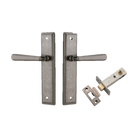 Pair of Iver Copenhagen lever handles on stepped backplates, architectural hardware with sleek, modern design.