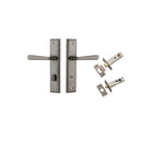 Door Lever Copenhagen Stepped Privacy Pair Distressed Nickel CTC85mm H237xW50xP61mm Inbuilt Privacy Kit Tube Latch Split Cam 'T' Striker Distressed Nickel Backset 60mm, Privacy Bolt Round Bolt Distressed Nickel Backset 60mm in Distressed Nickel