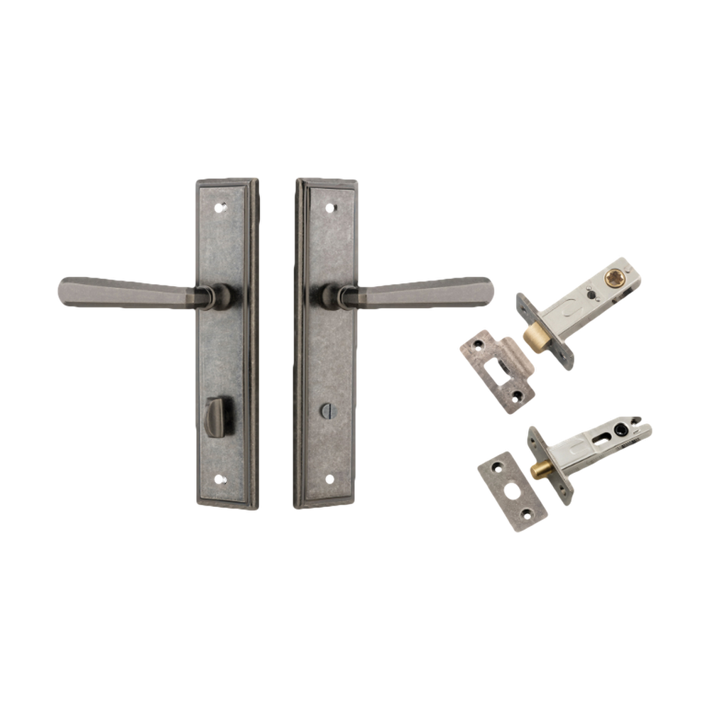 Door Lever Copenhagen Stepped Privacy Pair Distressed Nickel CTC85mm H237xW50xP61mm Inbuilt Privacy Kit Tube Latch Split Cam 'T' Striker Distressed Nickel Backset 60mm, Privacy Bolt Round Bolt Distressed Nickel Backset 60mm in Distressed Nickel