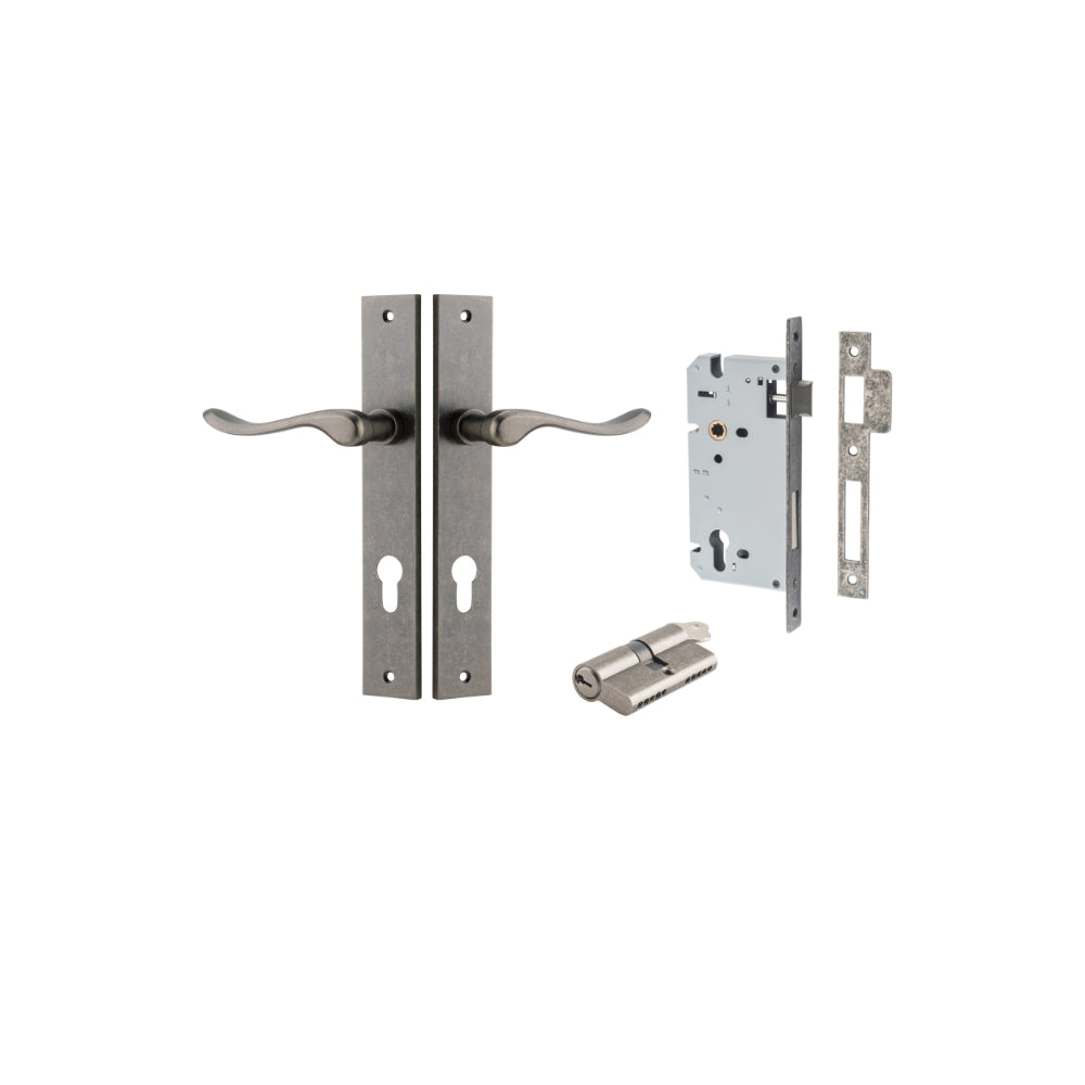 Door Lever Stirling Rectangular Euro Pair Distressed Nickel CTC85mm H240xW38xP64mm Entrance Kit, Mortice Lock Euro Distressed Nickel CTC85mm Backset 60mm, Euro Cylinder Dual Function 5 Pin Distressed Nickel L65mm KA1 in Distressed Nickel