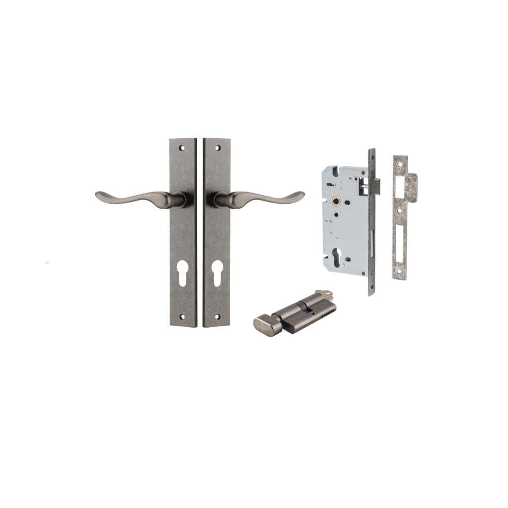 Door Lever Stirling Rectangular Euro Pair Distressed Nickel CTC85mm H240xW38xP64mm Entrance Kit, Mortice Lock Euro Distressed Nickel CTC85mm Backset 60mm, Euro Cylinder Key Thumb 6 Pin Distressed Nickel L70mm KA1 in Distressed Nickel