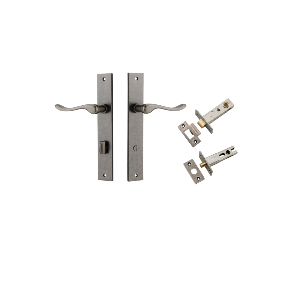 Door Lever Stirling Rectangular Privacy Pair Distressed Nickel CTC85mm H240xW38xP64mm Privacy Kit, Tube Latch Split Cam 'T' Striker Distressed Nickel Backset 60mm, Privacy Bolt Round Bolt Distressed Nickel Backset 60mm in Distressed Nickel