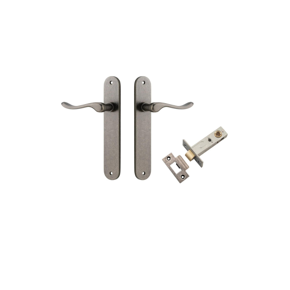 Door Lever Stirling Oval Latch Pair Distressed Nickel H240xW40xP64mm Passage Kit Tube Latch Split Cam 'T' Striker Distressed Nickel Backset 60mm in Distressed Nickel