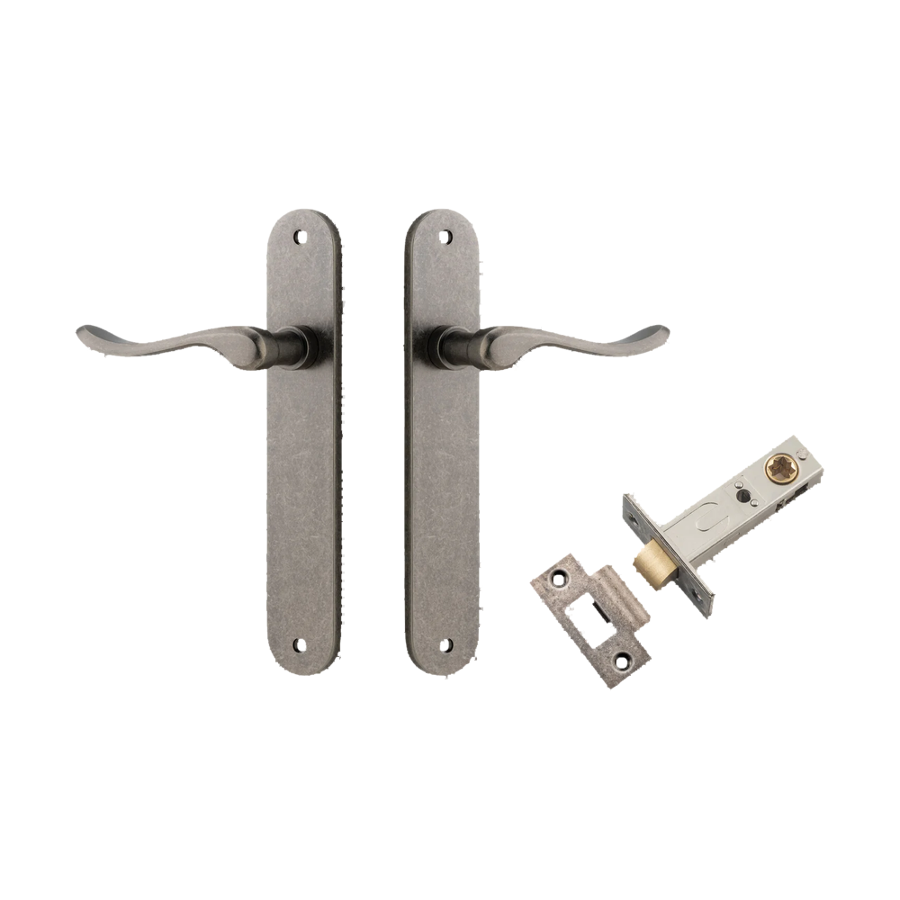 Door Lever Stirling Oval Latch Pair Distressed Nickel H240xW40xP64mm Passage Kit Tube Latch Split Cam 'T' Striker Distressed Nickel Backset 60mm in Distressed Nickel