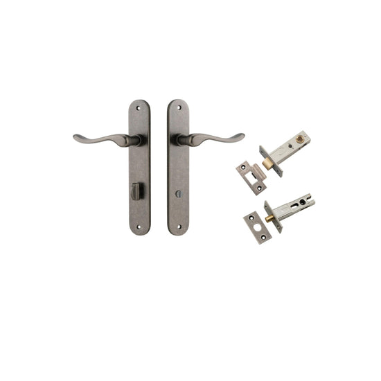 Door Lever Stirling Oval Privacy Pair Distressed Nickel CTC85mm H240xW40xP64mm Privacy Kit Tube Latch Split Cam 'T' Striker Distressed Nickel Backset 60mm, Privacy Bolt Round Bolt Distressed Nickel Backset 60mm in Distressed Nickel