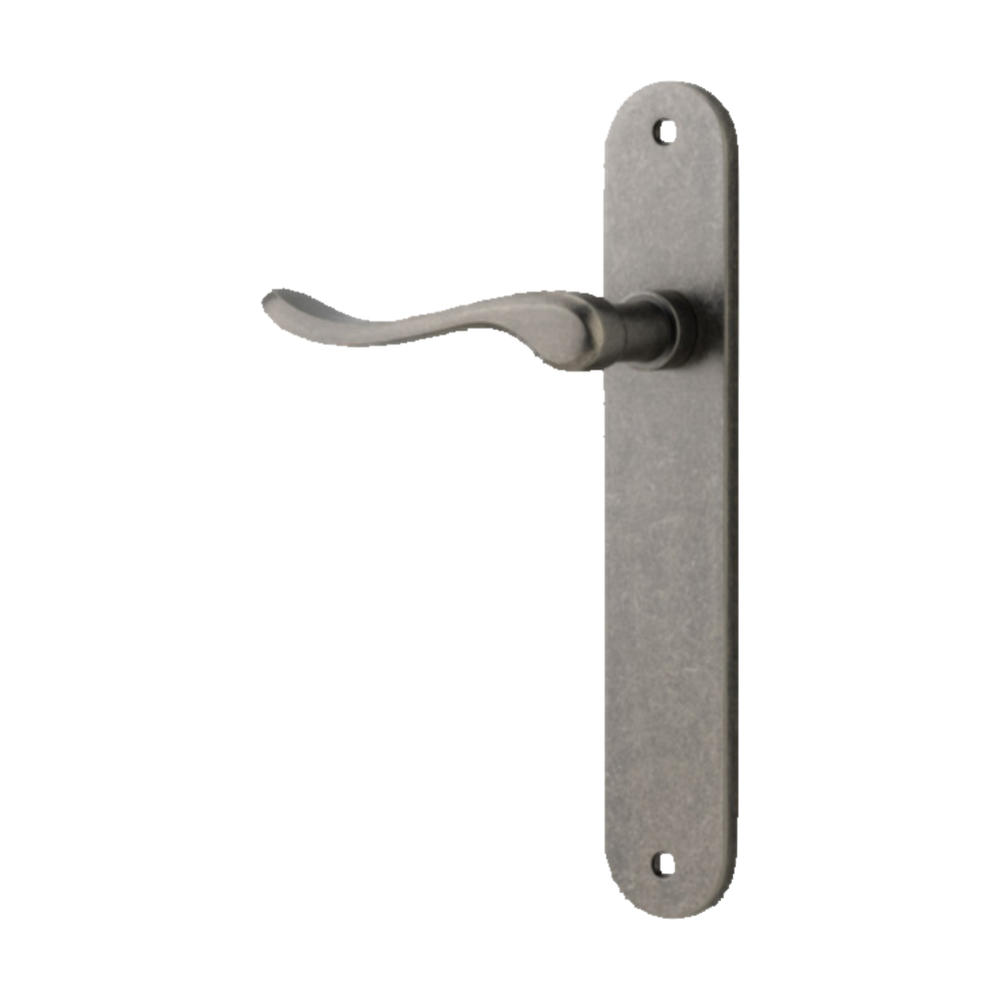 Door Lever Stirling Oval Latch Left Hand Fixed Distressed Nickel L116xP62mm BPH240xW40mm in Distressed Nickel