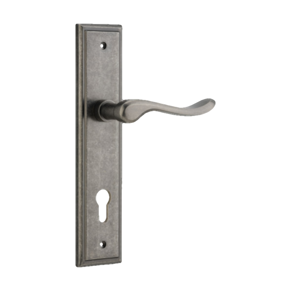 Door Lever Stirling Stepped Euro Pair Distressed Nickel CTC85mm H237xW50xP64mm in Distressed Nickel