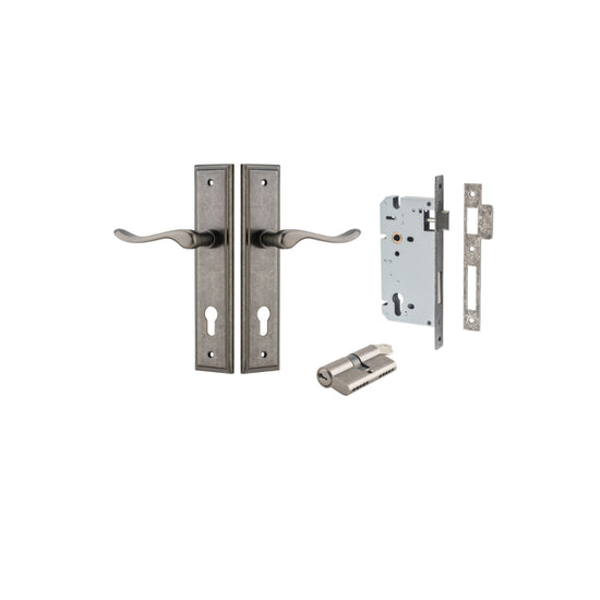 Door Lever Stirling Stepped Euro Pair Distressed Nickel CTC85mm H237xW50xP64mm Entrance Kit Mortice Lock Euro Distressed Nickel CTC85mm Backset 60mm, Euro Cylinder Dual Function 5 Pin Distressed Nickel L65mm KA1 in Distressed Nickel