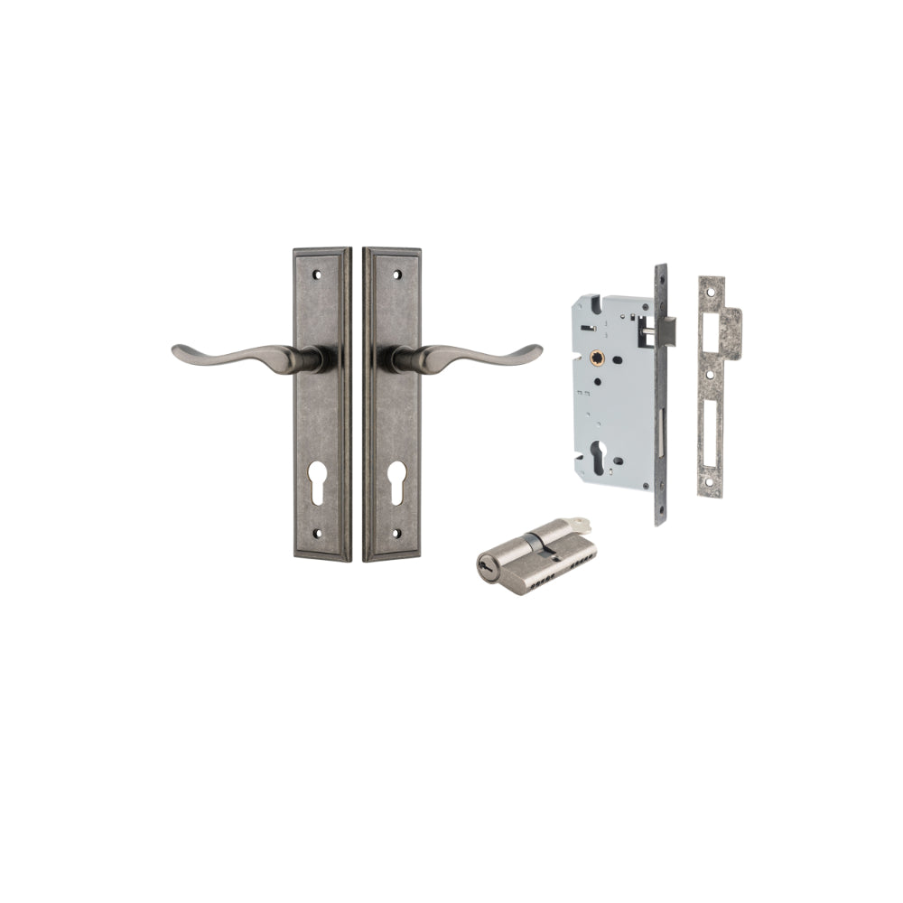 Door Lever Stirling Stepped Euro Pair Distressed Nickel CTC85mm H237xW50xP64mm Entrance Kit Mortice Lock Euro Distressed Nickel CTC85mm Backset 60mm, Euro Cylinder Dual Function 5 Pin Distressed Nickel L65mm KA1 in Distressed Nickel