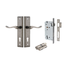 Door Lever Stirling Stepped Euro Pair Distressed Nickel CTC85mm H237xW50xP64mm Entrance Kit Mortice Lock Euro Distressed Nickel CTC85mm Backset 60mm, Euro Cylinder Dual Function 5 Pin Distressed Nickel L65mm KA1 in Distressed Nickel