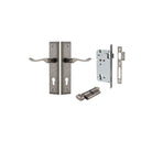 Door Lever Stirling Stepped Euro Pair Distressed Nickel CTC85mm H237xW50xP64mm Entrance Kit Mortice Lock Euro Distressed Nickel CTC85mm Backset 60mm, Euro Cylinder Key Thumb 6 Pin Distressed Nickel L70mm KA1 in Distressed Nickel
