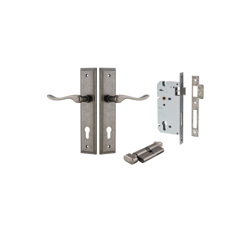 Door Lever Stirling Stepped Euro Pair Distressed Nickel CTC85mm H237xW50xP64mm Entrance Kit Mortice Lock Euro Distressed Nickel CTC85mm Backset 60mm, Euro Cylinder Key Thumb 6 Pin Distressed Nickel L70mm KA1 in Distressed Nickel