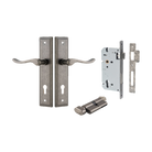 Door Lever Stirling Stepped Euro Pair Distressed Nickel CTC85mm H237xW50xP64mm Entrance Kit Mortice Lock Euro Distressed Nickel CTC85mm Backset 60mm, Euro Cylinder Key Thumb 6 Pin Distressed Nickel L70mm KA1 in Distressed Nickel