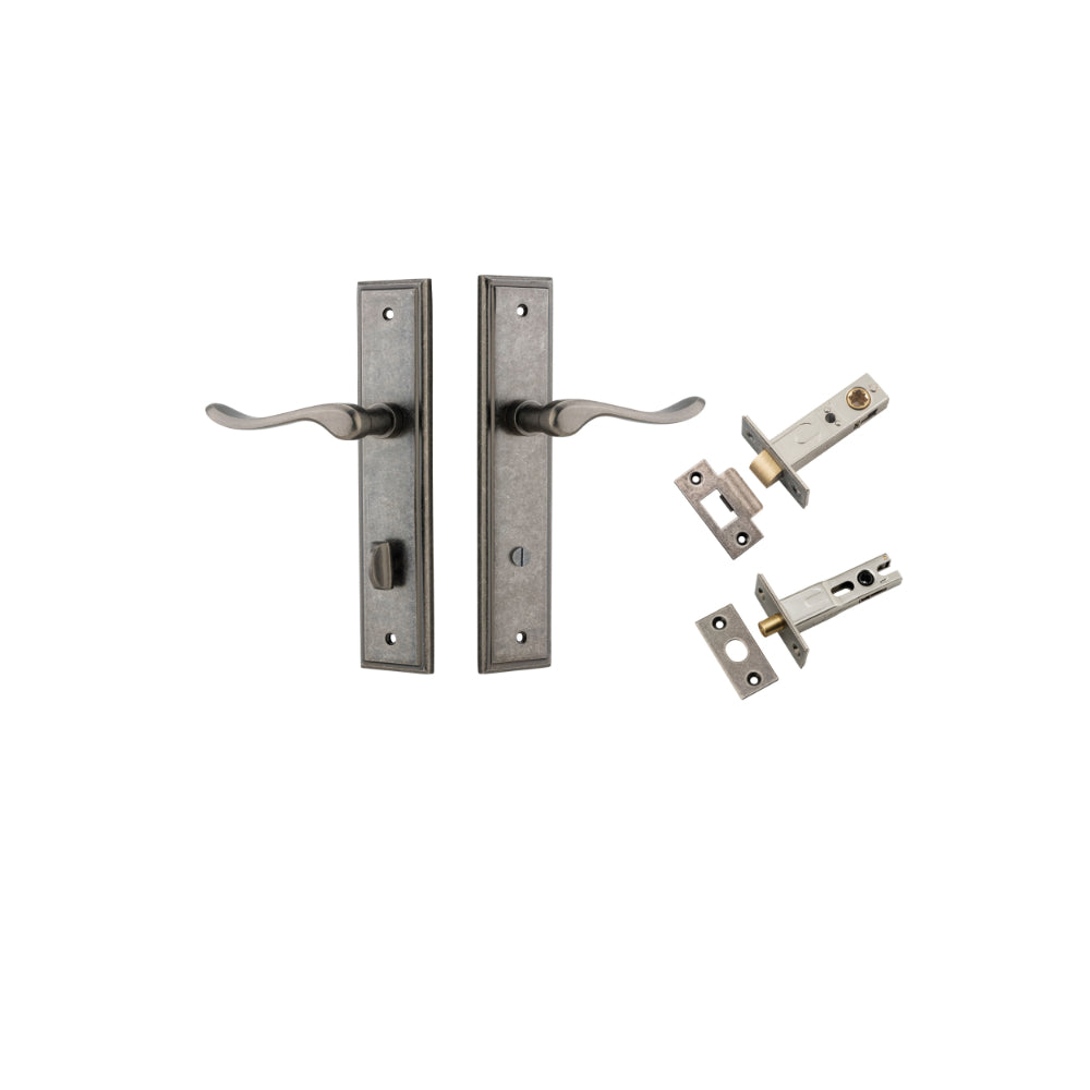 Door Lever Stirling Stepped Privacy Pair Distressed Nickel CTC85mm H237xW50xP64mm Privacy Kit Tube Latch Split Cam 'T' Striker Distressed Nickel Backset 60mm, Privacy Bolt Round Bolt Distressed Nickel Backset 60mm in Distressed Nickel