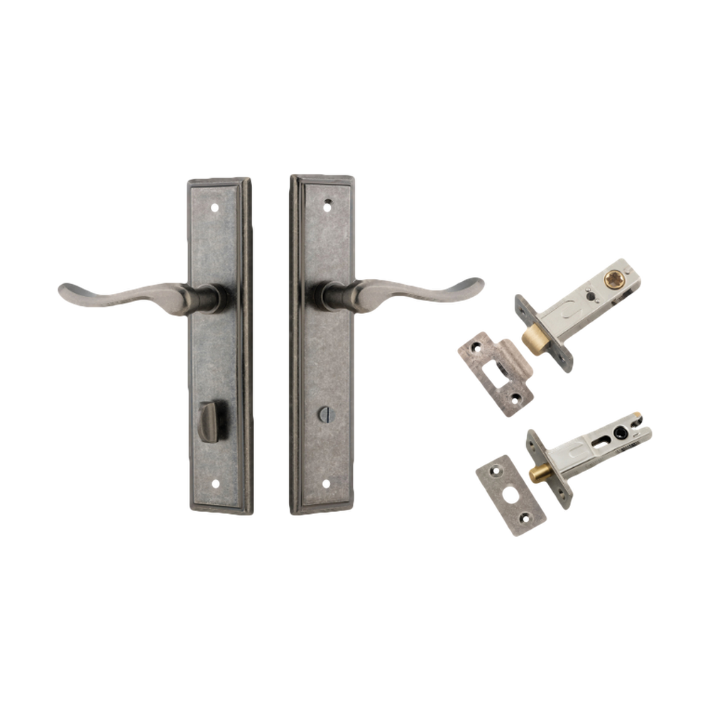 Door Lever Stirling Stepped Privacy Pair Distressed Nickel CTC85mm H237xW50xP64mm Privacy Kit Tube Latch Split Cam 'T' Striker Distressed Nickel Backset 60mm, Privacy Bolt Round Bolt Distressed Nickel Backset 60mm in Distressed Nickel
