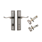 Door Lever Stirling Stepped Privacy Pair Distressed Nickel CTC85mm H237xW50xP64mm Privacy Kit Tube Latch Split Cam 'T' Striker Distressed Nickel Backset 60mm, Privacy Bolt Round Bolt Distressed Nickel Backset 60mm in Distressed Nickel