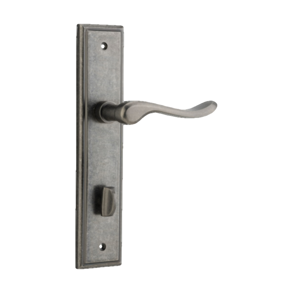 Door Lever Stirling Stepped Privacy Pair Distressed Nickel CTC85mm H237xW50xP64mm in Distressed Nickel