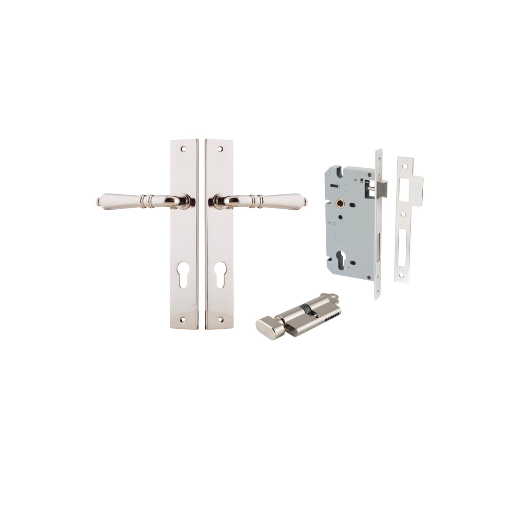 Pair of Iver Sarlat lever handles with rectangular backplates, featuring a sleek, modern design and polished finish.