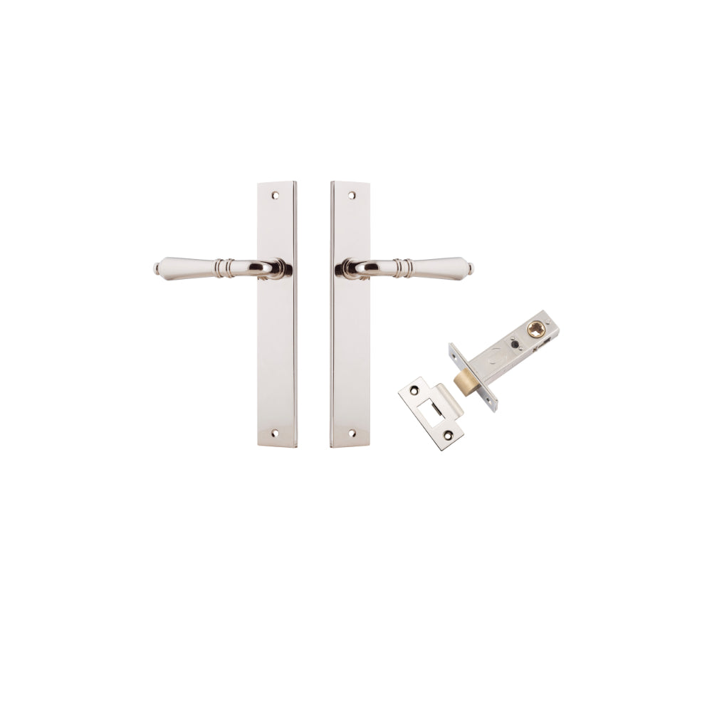 Pair of Iver Sarlat lever door handles on rectangular backplates, featuring a sleek, modern design in a matte finish.
