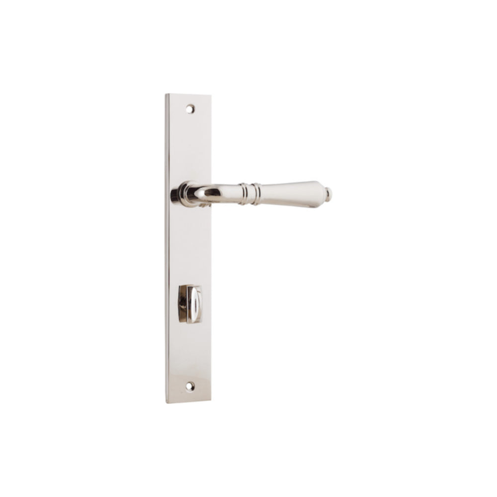 Pair of Iver Sarlat lever door handles on rectangular backplates, showcasing elegant metal hardware for interior doors.
