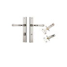 Door Lever Verona Rectangular Privacy Polished Nickel CTC85mm H240xW38xP59mm Inbuilt Privacy Kit, Tube Latch Split Cam 'T' Striker Polished Nickel Backset 60mm, Privacy Bolt Round Bolt Polished Nickel Backset 60mm in Polished Nickel