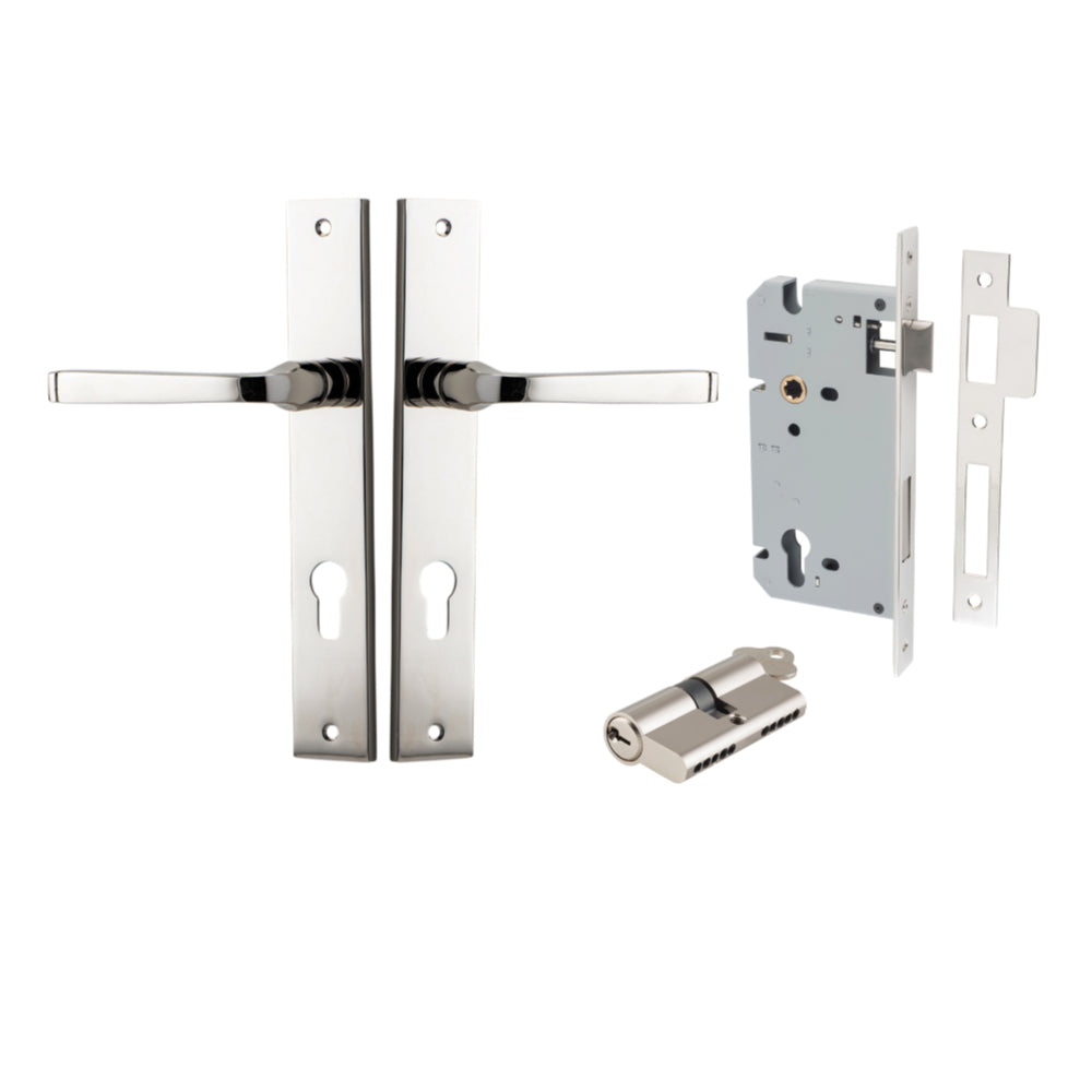 Pair of Iver Annecy lever door handles on rectangular backplates, featuring a sleek, modern brass finish and stylish design.