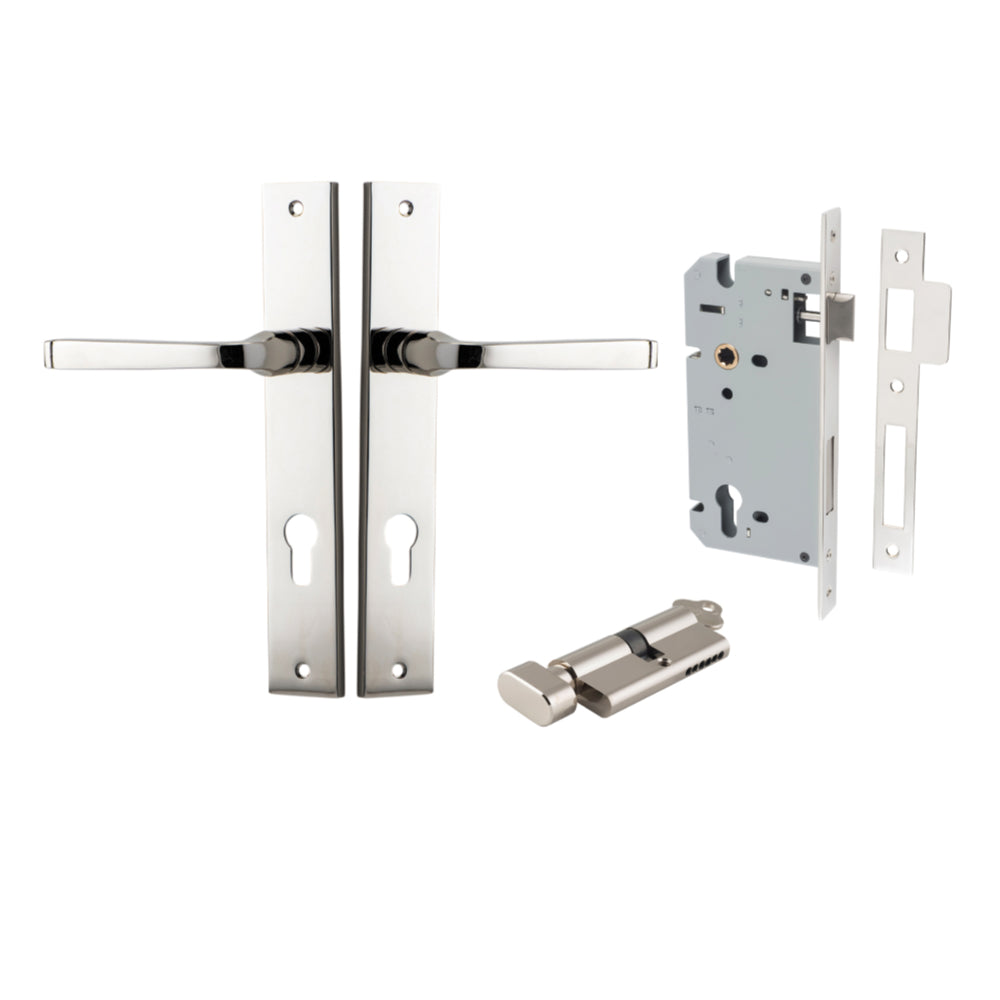 Pair of Iver Annecy lever door handles on rectangular backplates, featuring a sleek, modern design in a polished finish.