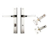 Door Lever Annecy Rectangular Privacy Polished Nickel CTC85mm H240xW38xP65mm Inbuilt Privacy Kit, Tube Latch Split Cam 'T' Striker Polished Nickel Backset 60mm, Privacy Bolt Round Bolt Polished Nickel Backset 60mm in Polished Nickel