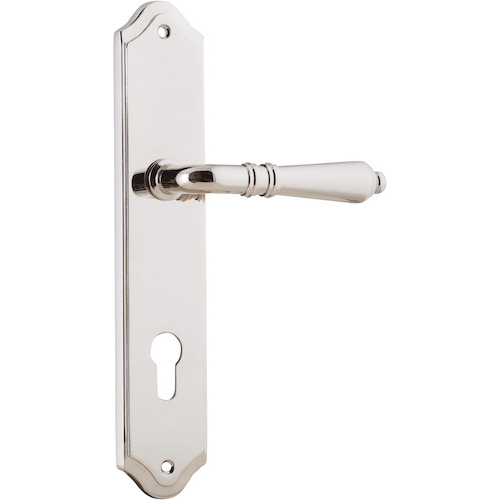 Door Lever Sarlat Shouldered Euro Polished Nickel CTC85mm H250xW48xP57mm in Polished Nickel