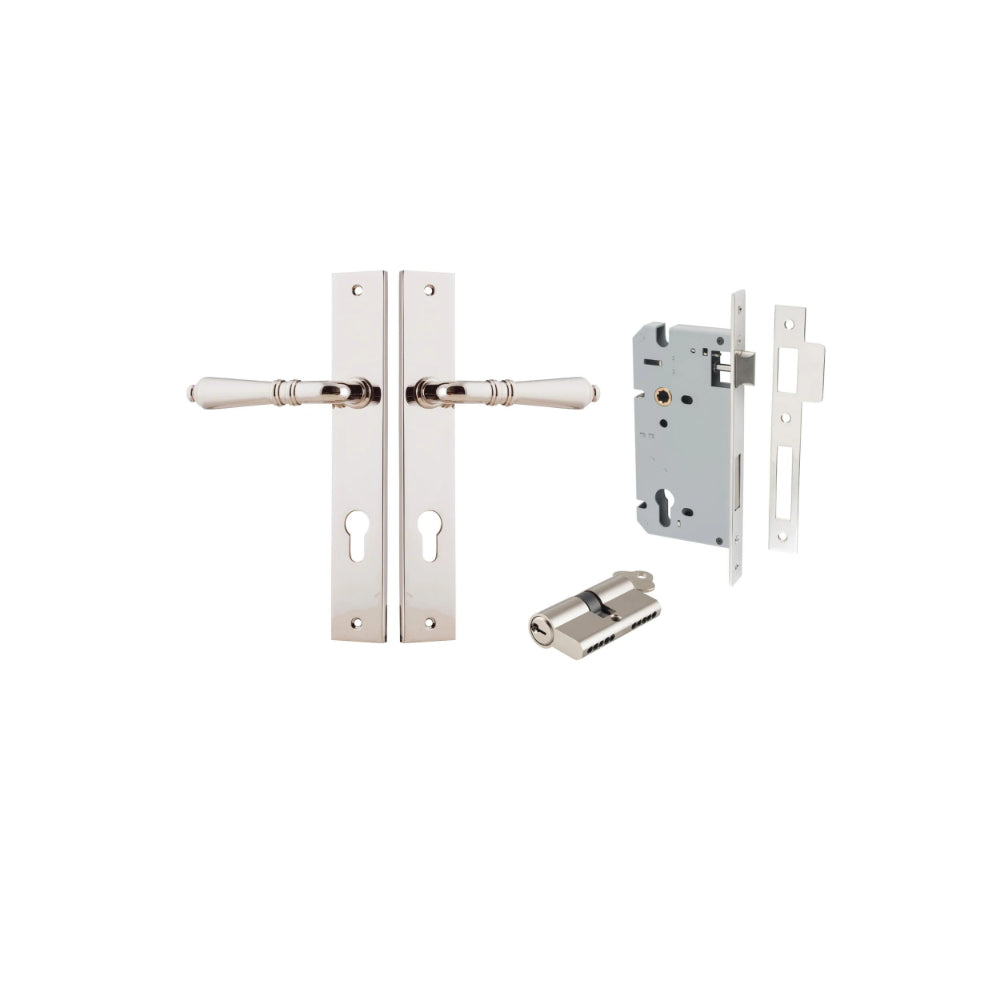 Door Lever Sarlat Shouldered Euro Polished Nickel CTC85mm H250xW48xP57mm Entrance Kit Mortice Lock Euro Polished Nickel CTC85mm Backset 60mm, Euro Cylinder Dual Function 5 Pin Polished Nickel L65mm KA1 in Polished Nickel