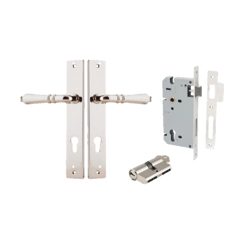 Door Lever Sarlat Shouldered Euro Polished Nickel CTC85mm H250xW48xP57mm Entrance Kit Mortice Lock Euro Polished Nickel CTC85mm Backset 60mm, Euro Cylinder Dual Function 5 Pin Polished Nickel L65mm KA1 in Polished Nickel