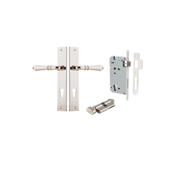 Door Lever Sarlat Shouldered Euro Polished Nickel CTC85mm H250xW48xP57mm Entrance Kit Mortice Lock Euro Polished Nickel CTC85mm Backset 60mm, Euro Cylinder Key Thumb 6 Pin Polished Nickel L70mm KA1 in Polished Nickel