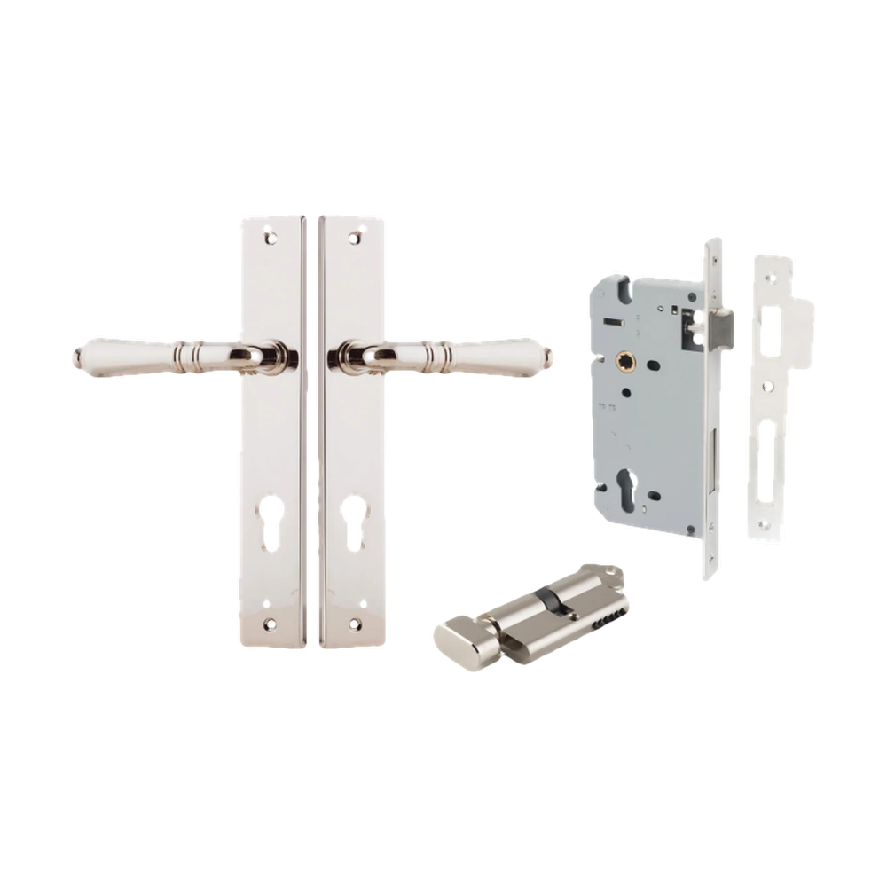 Door Lever Sarlat Shouldered Euro Polished Nickel CTC85mm H250xW48xP57mm Entrance Kit Mortice Lock Euro Polished Nickel CTC85mm Backset 60mm, Euro Cylinder Key Thumb 6 Pin Polished Nickel L70mm KA1 in Polished Nickel