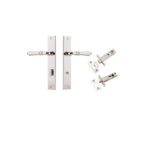 Door Lever Sarlat Shouldered Privacy Polished Nickel CTC85mm H250xW48xP57mm Privacy Kit Tube Latch Split Cam 'T' Striker Polished Nickel Backset 60mm, Privacy Bolt Round Bolt Polished Nickel Backset 60mm in Polished Nickel