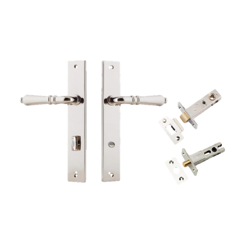 Door Lever Sarlat Shouldered Privacy Polished Nickel CTC85mm H250xW48xP57mm Privacy Kit Tube Latch Split Cam 'T' Striker Polished Nickel Backset 60mm, Privacy Bolt Round Bolt Polished Nickel Backset 60mm in Polished Nickel