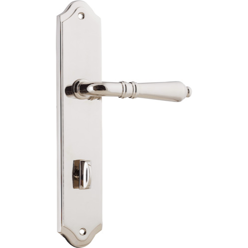 Door Lever Sarlat Shouldered Privacy Polished Nickel CTC85mm H250xW48xP57mm in Polished Nickel