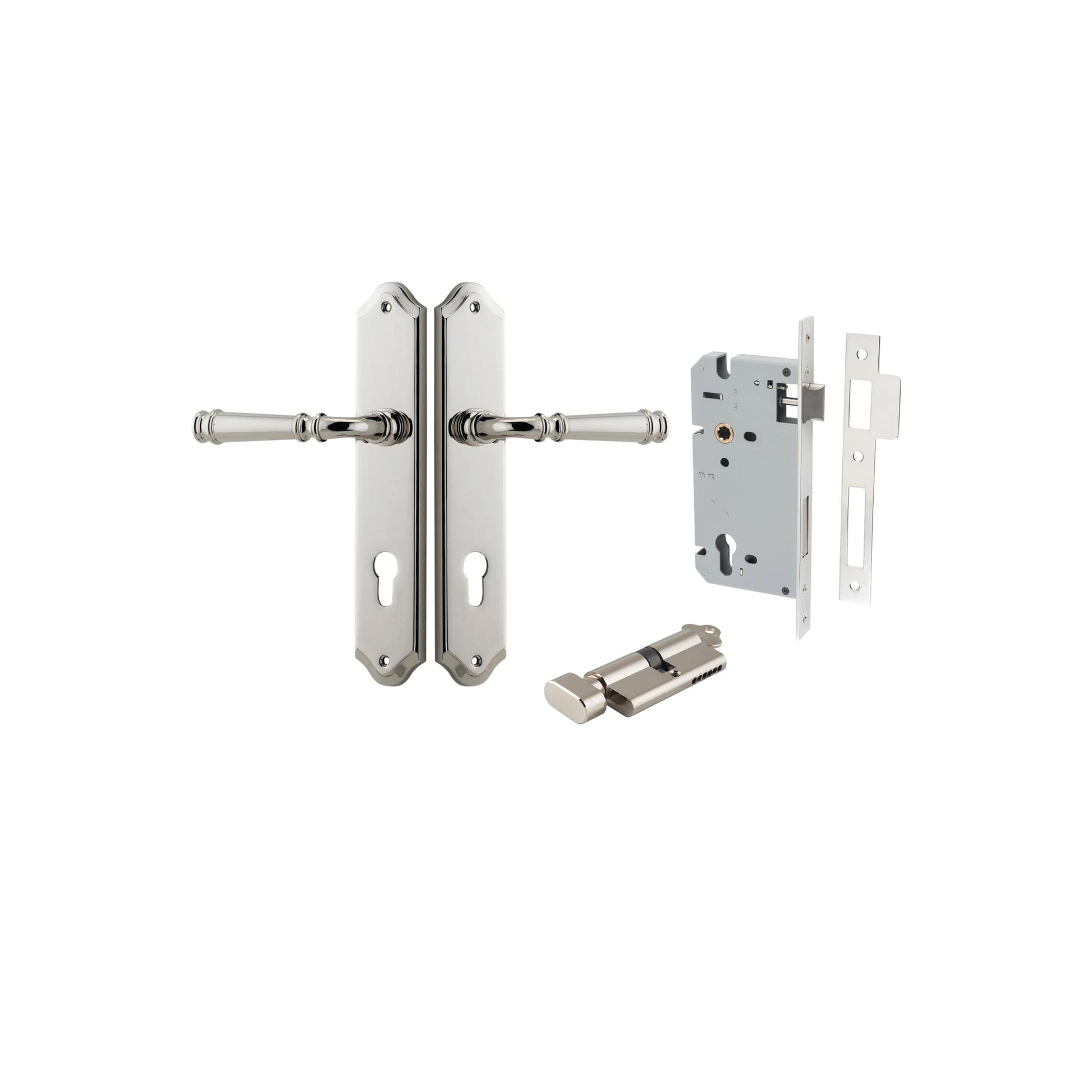Door Lever Verona Shouldered Euro Polished Nickel CTC85mm H240xW50xP59mm Entrance Kit Mortice Lock Euro Polished Nickel CTC85mm Backset 60mm, Euro Cylinder Key Thumb 6 Pin Polished Nickel L70mm KA1 in Polished Nickel