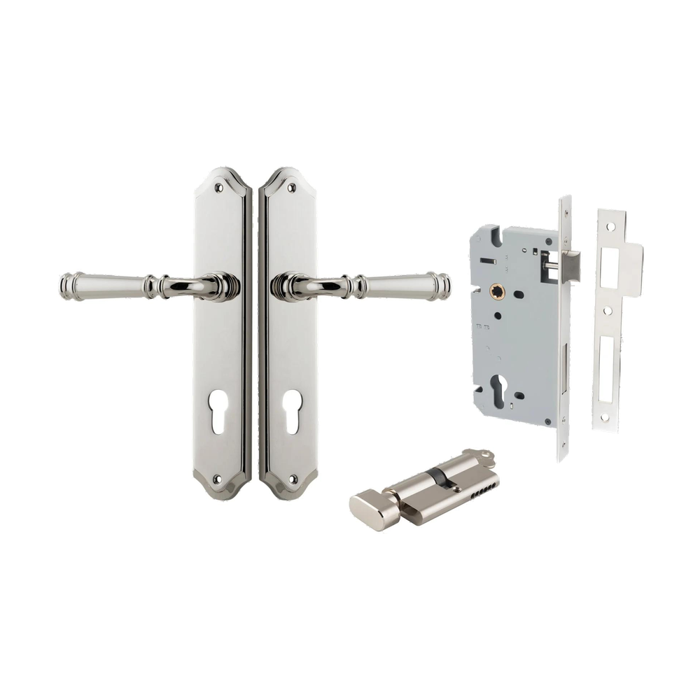 Door Lever Verona Shouldered Euro Polished Nickel CTC85mm H240xW50xP59mm Entrance Kit Mortice Lock Euro Polished Nickel CTC85mm Backset 60mm, Euro Cylinder Key Thumb 6 Pin Polished Nickel L70mm KA1 in Polished Nickel