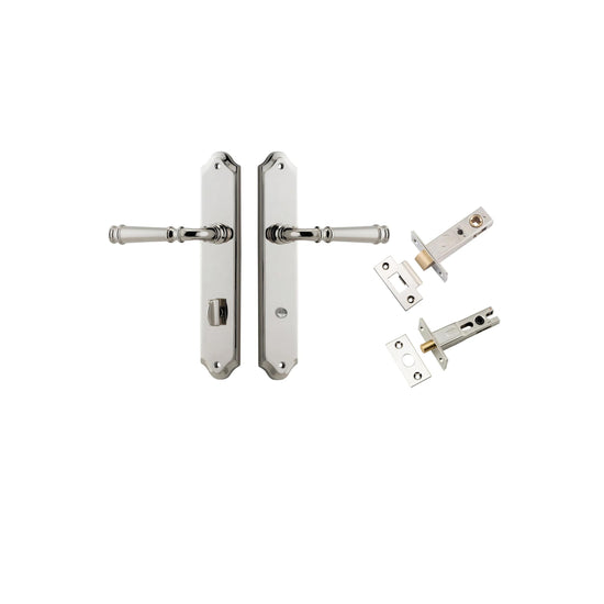 Door Lever Verona Shouldered Privacy Polished Nickel CTC85mm H240xW50xP59mm Inbuilt Privacy Kit Tube Latch Split Cam 'T' Striker Polished Nickel Backset 60mm, Privacy Bolt Round Bolt Polished Nickel Backset 60mm in Polished Nickel