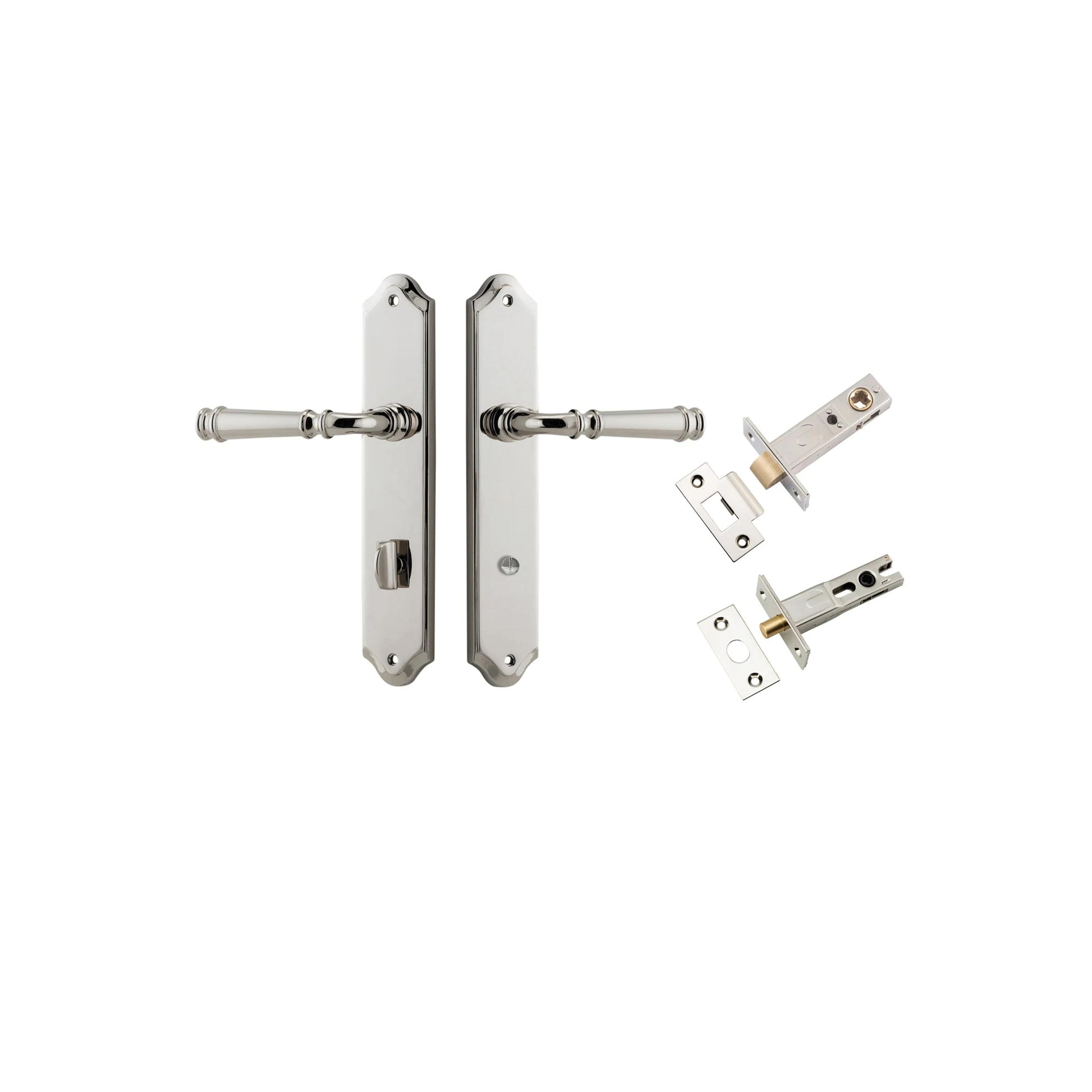 Door Lever Verona Shouldered Privacy Polished Nickel CTC85mm H240xW50xP59mm Inbuilt Privacy Kit Tube Latch Split Cam 'T' Striker Polished Nickel Backset 60mm, Privacy Bolt Round Bolt Polished Nickel Backset 60mm in Polished Nickel