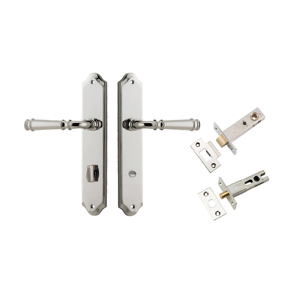 Door Lever Verona Shouldered Privacy Polished Nickel CTC85mm H240xW50xP59mm Inbuilt Privacy Kit Tube Latch Split Cam 'T' Striker Polished Nickel Backset 60mm, Privacy Bolt Round Bolt Polished Nickel Backset 60mm in Polished Nickel