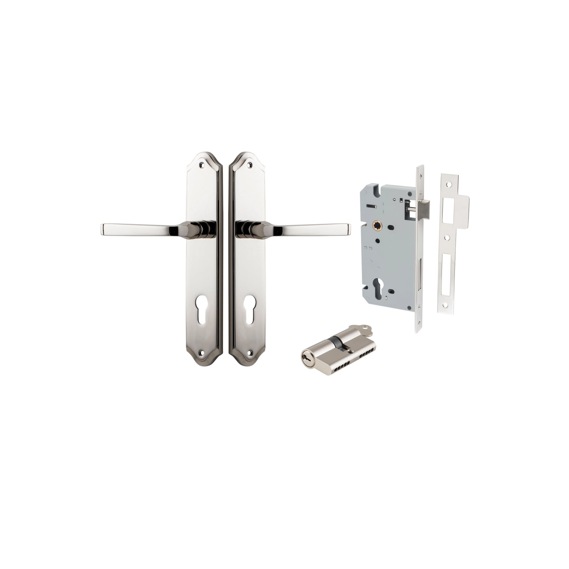 Door Lever Annecy Shouldered Euro Polished Nickel CTC85mm H240xW50xP65mm Entrance Kit, Mortice Lock Euro Polished Nickel CTC85mm Backset 60mm, Euro Cylinder Dual Function 5 Pin Polished Nickel L65mm KA1 in Polished Nickel