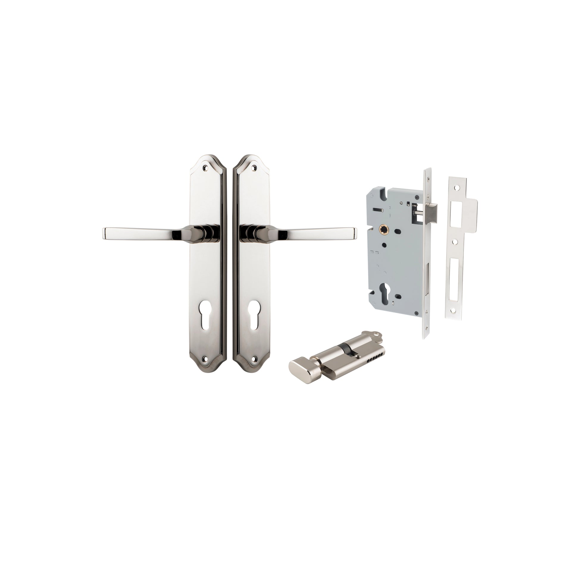 Door Lever Annecy Shouldered Euro Polished Nickel CTC85mm H240xW50xP65mm Entrance Kit, Mortice Lock Euro Polished Nickel CTC85mm Backset 60mm, Euro Cylinder Key Thumb 6 Pin Polished Nickel L70mm KA1 in Polished Nickel