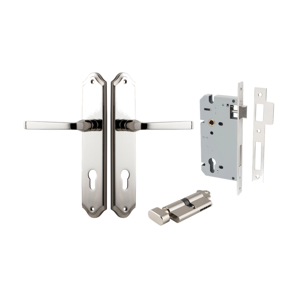 Door Lever Annecy Shouldered Euro Polished Nickel CTC85mm H240xW50xP65mm Entrance Kit Mortice Lock Euro Polished Nickel CTC85mm Backset 60mm, Euro Cylinder Key Thumb 6 Pin Polished Nickel L70mm KA1 in Polished Nickel