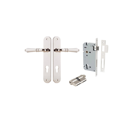 Door Lever Sarlat Oval Euro Polished Nickel CTC85mm H240xW40xP55mm Entrance Kit Mortice Lock Euro Polished Nickel CTC85mm Backset 60mm, Euro Cylinder Dual Function 5 Pin Polished Nickel L65mm KA1 in Polished Nickel