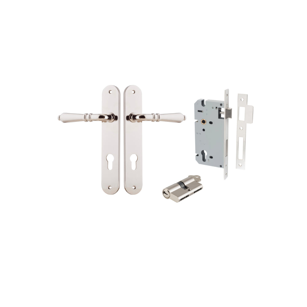 Door Lever Sarlat Oval Euro Polished Nickel CTC85mm H240xW40xP55mm Entrance Kit Mortice Lock Euro Polished Nickel CTC85mm Backset 60mm, Euro Cylinder Dual Function 5 Pin Polished Nickel L65mm KA1 in Polished Nickel